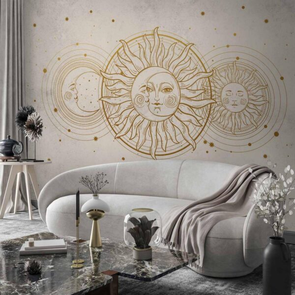 Papier peint - Golden Sun and Moon - Artistic Illustration in Retro Style Papier peint - Golden Sun and Moon - Artistic Illustration in Retro Style