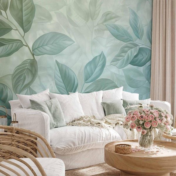 Papier peint - Large Leaves in Shades of Green-Mint: Botanical Motif Papier peint - Large Leaves in Shades of Green-Mint: Botanical Motif