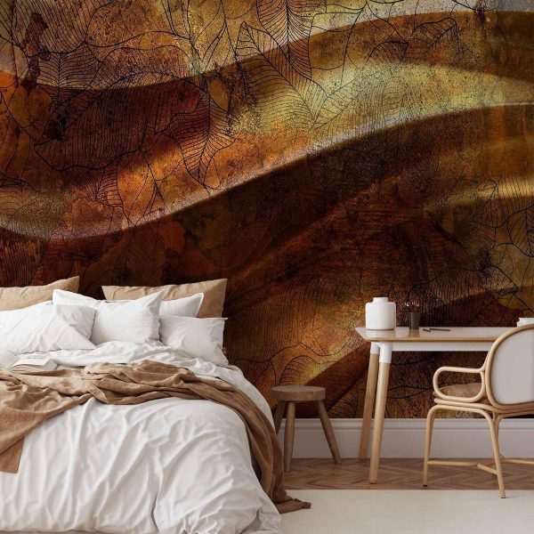 Papier peint - Liquid gold - abstract wavy composition with leaf patterns Papier peint - Liquid gold - abstract wavy composition with leaf patterns