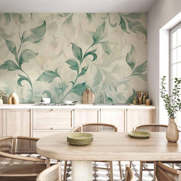 Papier peint - Watercolor Botanical Motif Delicate Green-Beige Leaves Papier peint - Watercolor Botanical Motif Delicate Green-Beige Leaves