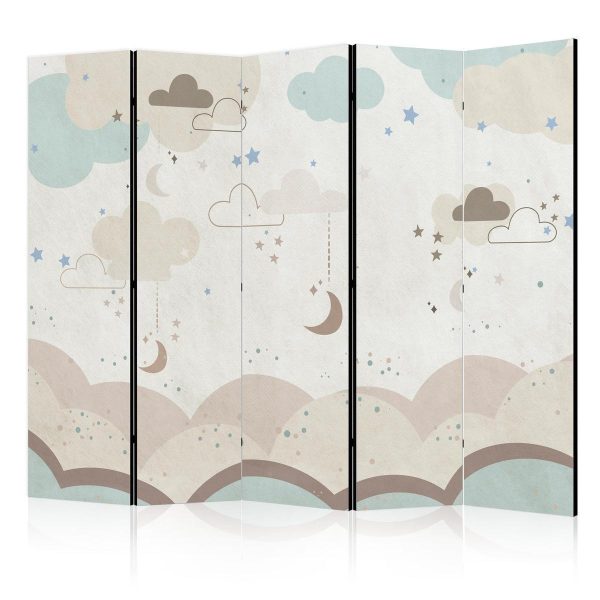 Paravent - Cloudy Night Sky - Moons in Browns and Beiges Amid Numerous Clouds and Stars on a Light Background Paravent - Cloudy Night Sky - Moons in Browns and Beiges Amid Numerous Clouds and Stars on a Light Background