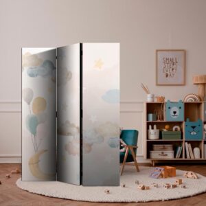 Paravent - Fairy-Tale Moon - Moon with Balloons Among Clouds and Stars in Subdued Colors on a Light Beige Background
