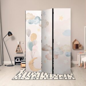 Paravent - Fairy-Tale Moon - Moon with Balloons Among Clouds and Stars in Subdued Colors on a Light Beige Background