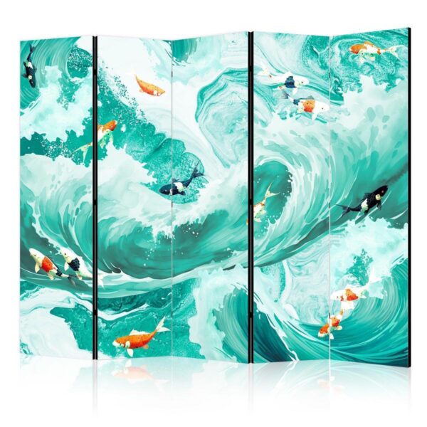Paravent - Koi Fish Among Waves - Japanese Fish Amid Waves in Shades of Turquoise And White Paravent - Koi Fish Among Waves - Japanese Fish Amid Waves in Shades of Turquoise And White