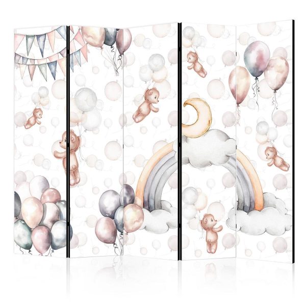 Paravent - Plush Bears with Balloons - Flying Light-Brown Bears Among Balloons - Clouds - and Rainbows in Subdued - Pastel Hues Paravent - Plush Bears with Balloons - Flying Light-Brown Bears Among Balloons - Clouds - and Rainbows in Subdued - Pastel Hues