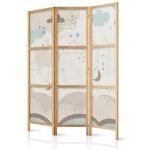 Paravent japonais - Cloudy Night Sky - Moons in browns and beiges among numerous clouds and stars on a light background