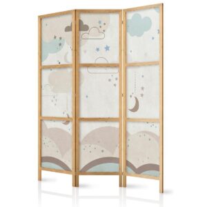 Paravent japonais - Cloudy Night Sky - Moons in browns and beiges among numerous clouds and stars on a light background