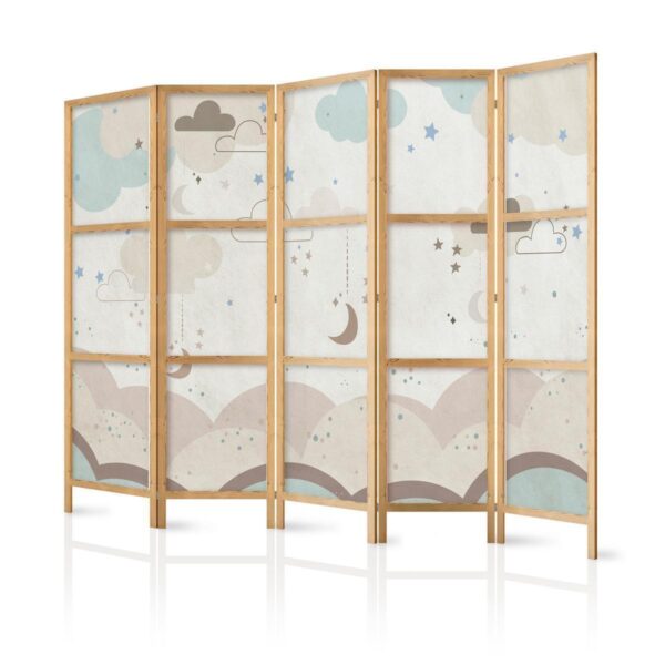 Paravent japonais - Cloudy Night Sky - Moons in browns and beiges among numerous clouds and stars on a light background Paravent japonais - Cloudy Night Sky - Moons in browns and beiges among numerous clouds and stars on a light background