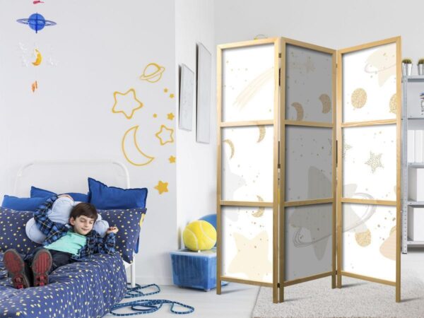 Paravent japonais - Fairy-Tale Galaxy - Moon Phases in Shades of Yellow Among Stars in Beige and Ash Colors with Stardust