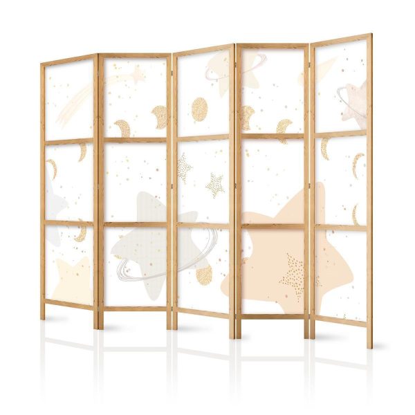 Paravent japonais - Fairy-Tale Galaxy - Moon phases in shades of yellow among stars in beige and ash colors with stardust Paravent japonais - Fairy-Tale Galaxy - Moon phases in shades of yellow among stars in beige and ash colors with stardust