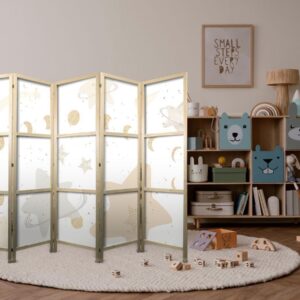Paravent japonais - Fairy-Tale Galaxy - Moon phases in shades of yellow among stars in beige and ash colors with stardust