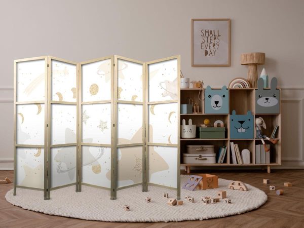 Paravent japonais - Fairy-Tale Galaxy - Moon phases in shades of yellow among stars in beige and ash colors with stardust
