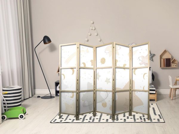 Paravent japonais - Fairy-Tale Galaxy - Moon phases in shades of yellow among stars in beige and ash colors with stardust