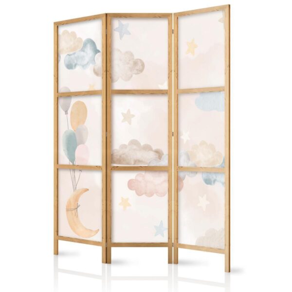 Paravent japonais - Fairy-Tale Moon - Moon with Balloons Among Clouds and Stars in Subdued Colors on a Light Beige Background Paravent japonais - Fairy-Tale Moon - Moon with Balloons Among Clouds and Stars in Subdued Colors on a Light Beige Background