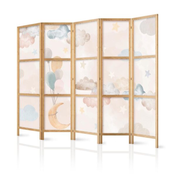 Paravent japonais - Fairy-Tale Moon - Moon with balloons among clouds and stars in subdued colors on a light beige background Paravent japonais - Fairy-Tale Moon - Moon with balloons among clouds and stars in subdued colors on a light beige background