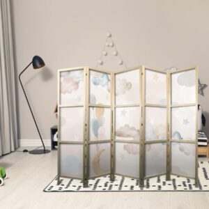 Paravent japonais - Fairy-Tale Moon - Moon with balloons among clouds and stars in subdued colors on a light beige background