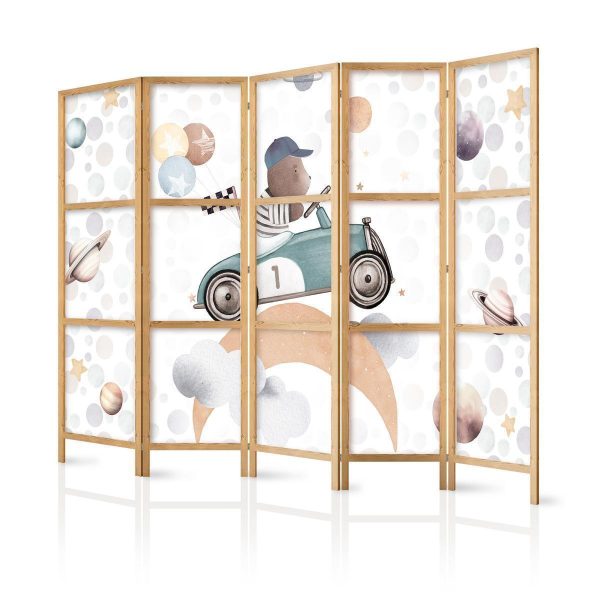 Paravent japonais - Galactic Races - Bear participating in car races among planets - clouds - and stars in pastel colors Paravent japonais - Galactic Races - Bear participating in car races among planets - clouds - and stars in pastel colors