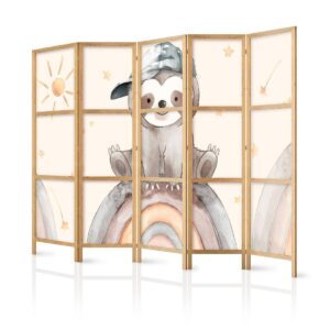 Paravent japonais - Happy Sloth - Sloth in muted colors - wearing a cap - sitting on a rainbow among the stars