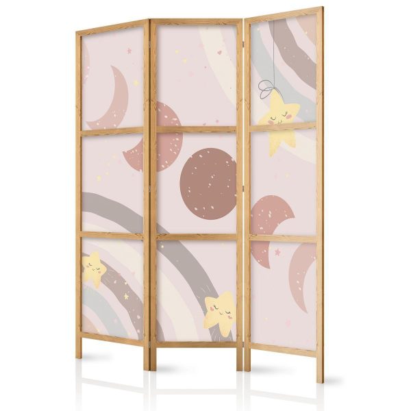 Paravent japonais - Joyful Sky - Yellow cheerful stars with a rainbow against the moon phases - in the sky colored light beige Paravent japonais - Joyful Sky - Yellow cheerful stars with a rainbow against the moon phases - in the sky colored light beige