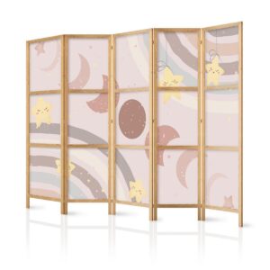 Paravent japonais - Joyful Sky - Yellow cheerful stars with a rainbow against the moon phases - in the sky colored light beige