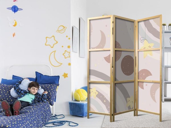 Paravent japonais - Joyful Sky - Yellow cheerful stars with a rainbow against the moon phases - in the sky colored light beige