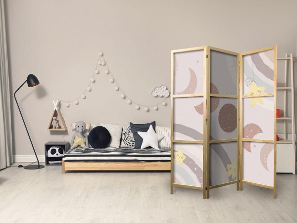 Paravent japonais - Joyful Sky - Yellow cheerful stars with a rainbow against the moon phases - in the sky colored light beige