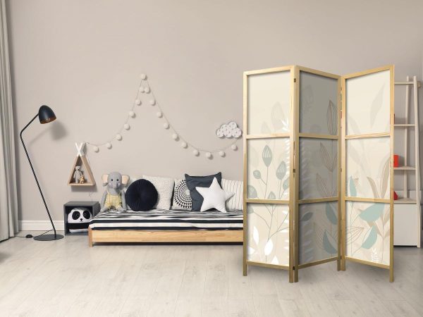 Paravent japonais - Morning in the Meadow - Various pastel plants on a beige background