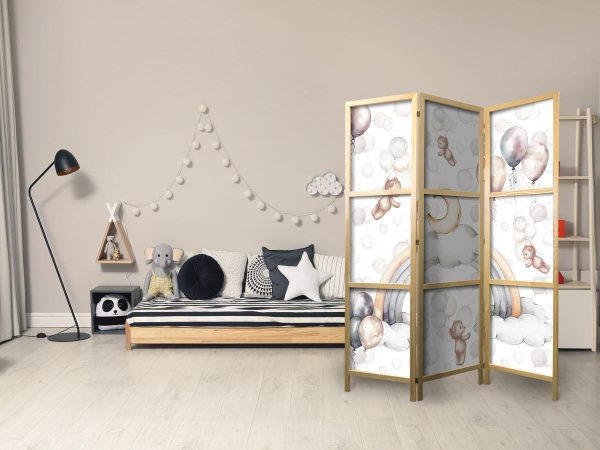 Paravent japonais - Plush Bears with Balloons - Flying Light-Brown Bears Among Balloons - Clouds - and Rainbows in Subdued - Pastel Colors