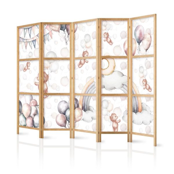 Paravent japonais - Plush Bears with Balloons - Flying light-brown bears among balloons - clouds - and rainbows in subdued - pastel colors Paravent japonais - Plush Bears with Balloons - Flying light-brown bears among balloons - clouds - and rainbows in subdued - pastel colors