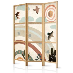 Paravent japonais - Sun Above the Rainbow - Birds in Subdued Colors Flying Among Clouds Above a Rainbow and Vegetation on a Light Beige Background