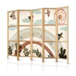 Paravent japonais - Sun Above the Rainbow - Birds in subdued colors - flying among clouds above a rainbow and vegetation on a light beige background