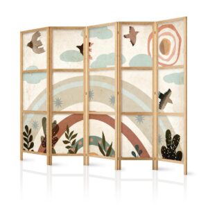 Paravent japonais - Sun Above the Rainbow - Birds in subdued colors - flying among clouds above a rainbow and vegetation on a light beige background