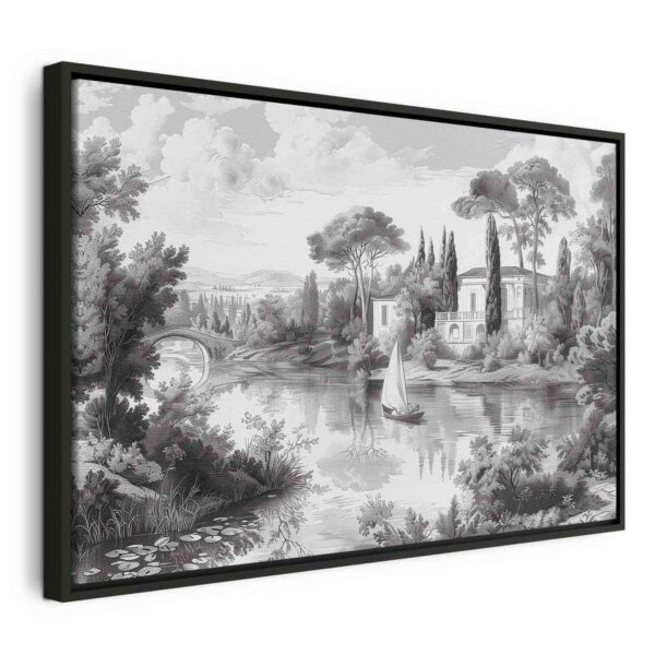 Tableau - Black and White Vintage Landscape Retro View of a Pond with a Boat Tableau - Black and White Vintage Landscape Retro View of a Pond with a Boat