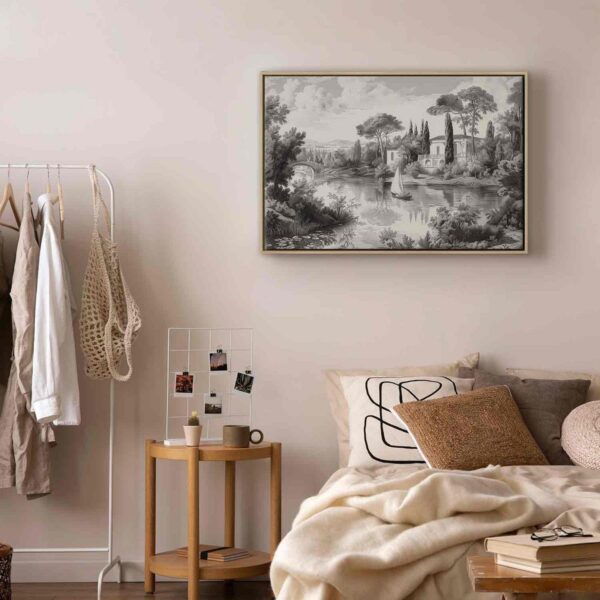 Tableau - Black and White Vintage Landscape Retro View of a Pond with a Boat