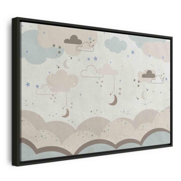 Tableau - Cloudy Night Sky - Moons in Brown and Beige Hues Among Clouds and Numerous Little Stars on a Light Background Tableau - Cloudy Night Sky - Moons in Brown and Beige Hues Among Clouds and Numerous Little Stars on a Light Background