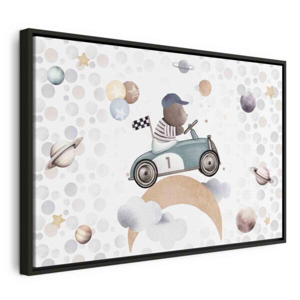 Tableau - Galactic Races - A Bear Participating in Car Races Among Planets Clouds and Stars in Pastel Hues Tableau - Galactic Races - A Bear Participating in Car Races Among Planets Clouds and Stars in Pastel Hues
