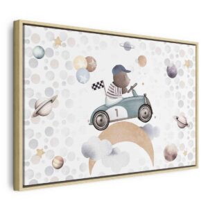 Tableau - Galactic Races - A Bear Participating in Car Races Among Planets Clouds and Stars in Pastel Hues