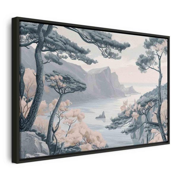 Tableau - Mountainous Coast with Trees and Rocks in Light Pastel Blues Tableau - Mountainous Coast with Trees and Rocks in Light Pastel Blues
