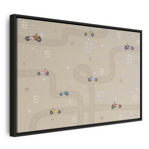 Tableau - Race - Colorful Cars on a Road on a Beige Background with Inscriptions Tableau - Race - Colorful Cars on a Road on a Beige Background with Inscriptions