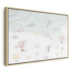 Tableau - Sky with Balloons - Balloons in Subdued Colors Flying in the Sky Among Clouds Rainbows and Stars