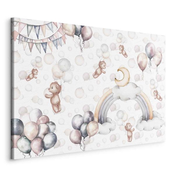 Tableau - Toy Bears with Balloons - Flying Plush Bears Among Balloons Clouds and Rainbows in Subtle Pastel Hues