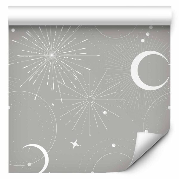 Tapisserie murale - Cosmic Fireworks - Elegant pattern with moons and stars on a gray background