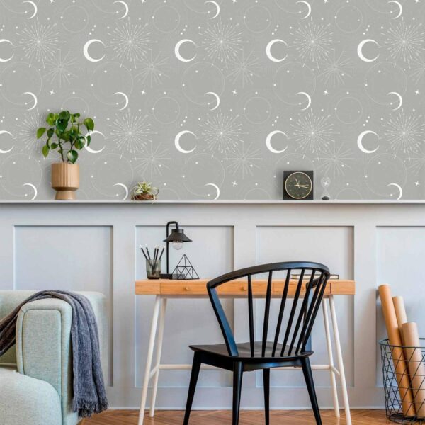 Tapisserie murale - Cosmic Fireworks - Elegant pattern with moons and stars on a gray background Tapisserie murale - Cosmic Fireworks - Elegant pattern with moons and stars on a gray background