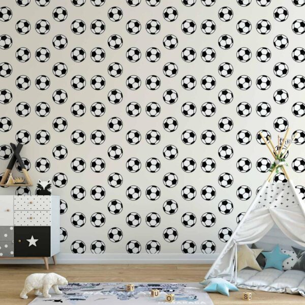Tapisserie murale - Soccer - Symmetrical black-and-white soccer balls on a beige background Tapisserie murale - Soccer - Symmetrical black-and-white soccer balls on a beige background