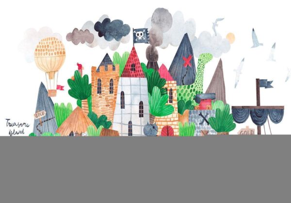 Papier peint - A colourful treasure island with a castle - a pirate ship at sea for children