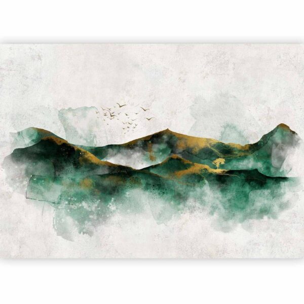 Papier peint - Abstract landscape - green mountains with golden patterns and birds