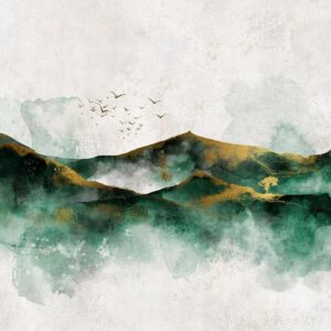 Papier peint - Abstract landscape - green mountains with golden patterns and birds