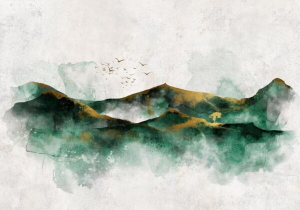 Papier peint - Abstract landscape - green mountains with golden patterns and birds