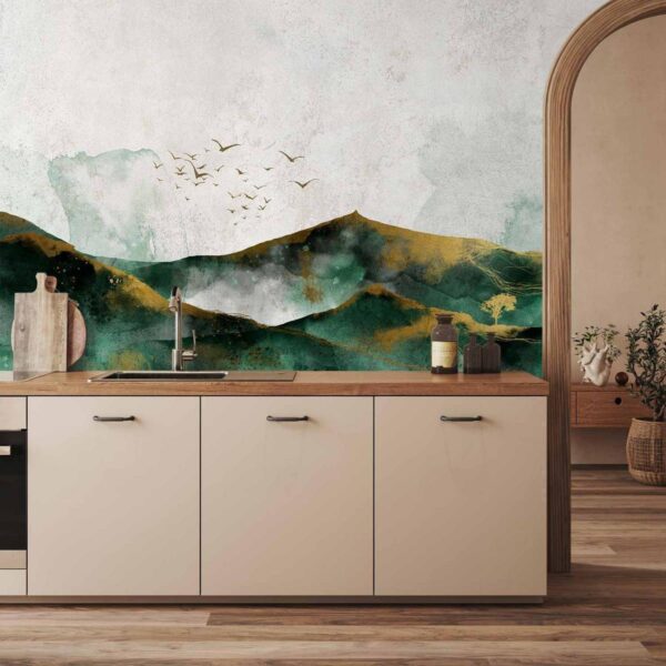 Papier peint - Abstract landscape - green mountains with golden patterns and birds