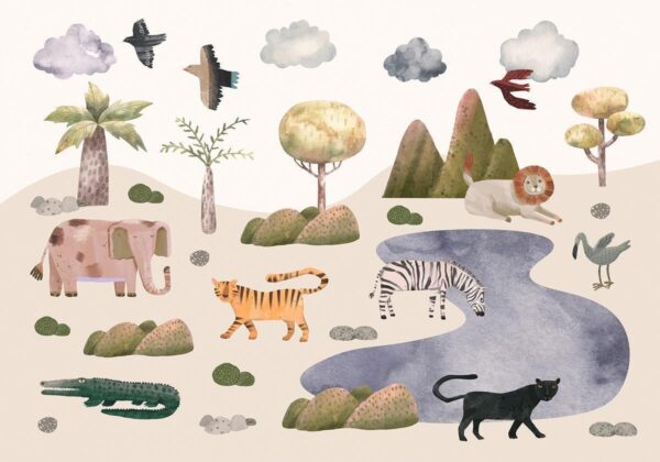 Papier peint - Africa for Toddlers - Savannah Animals in Pastel Colours